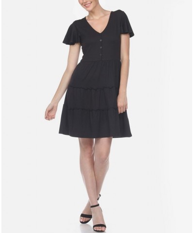 Women's Short Sleeve V-Neck Tiered Dress Black $28.16 Dresses