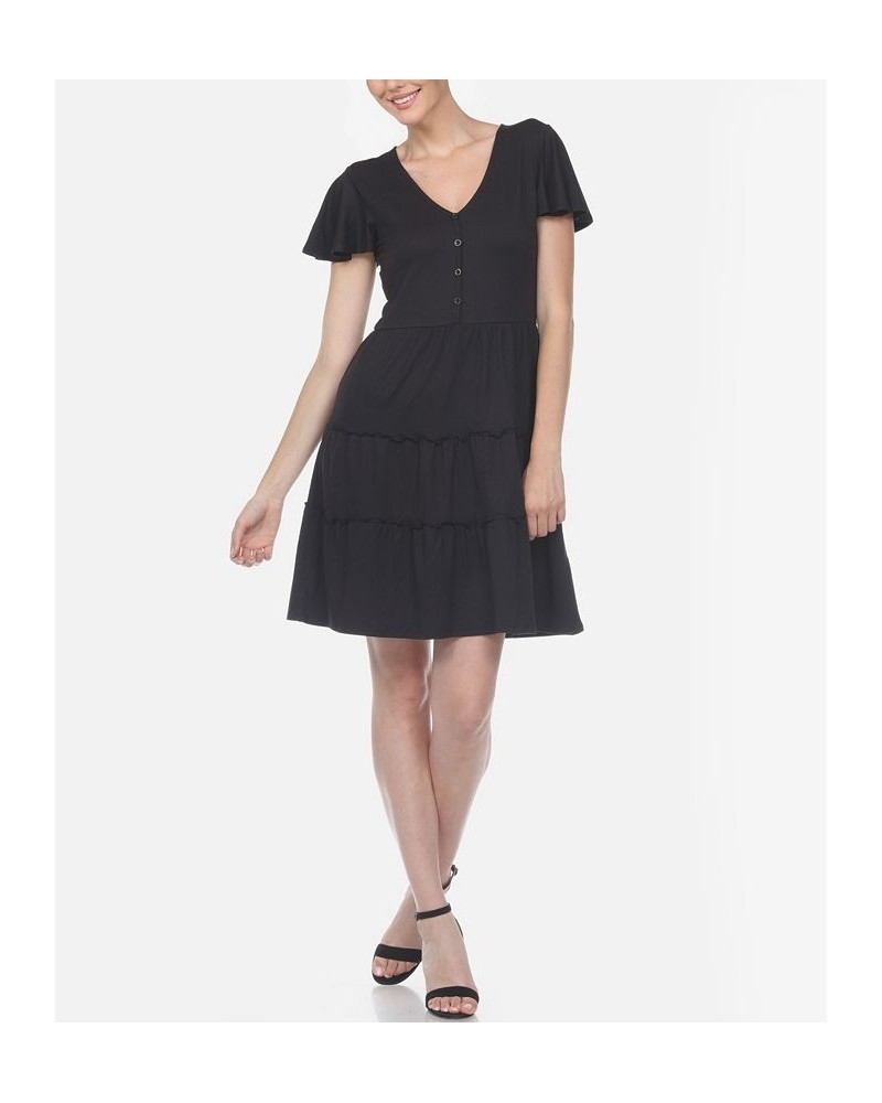 Women's Short Sleeve V-Neck Tiered Dress Black $28.16 Dresses