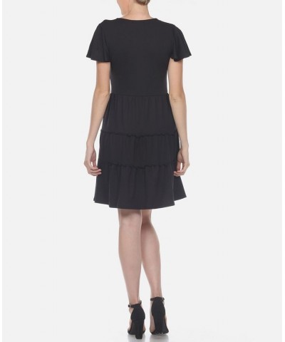 Women's Short Sleeve V-Neck Tiered Dress Black $28.16 Dresses