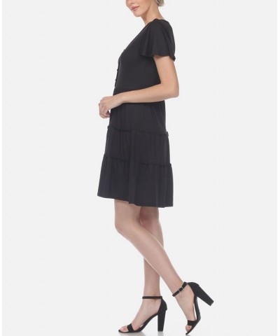 Women's Short Sleeve V-Neck Tiered Dress Black $28.16 Dresses