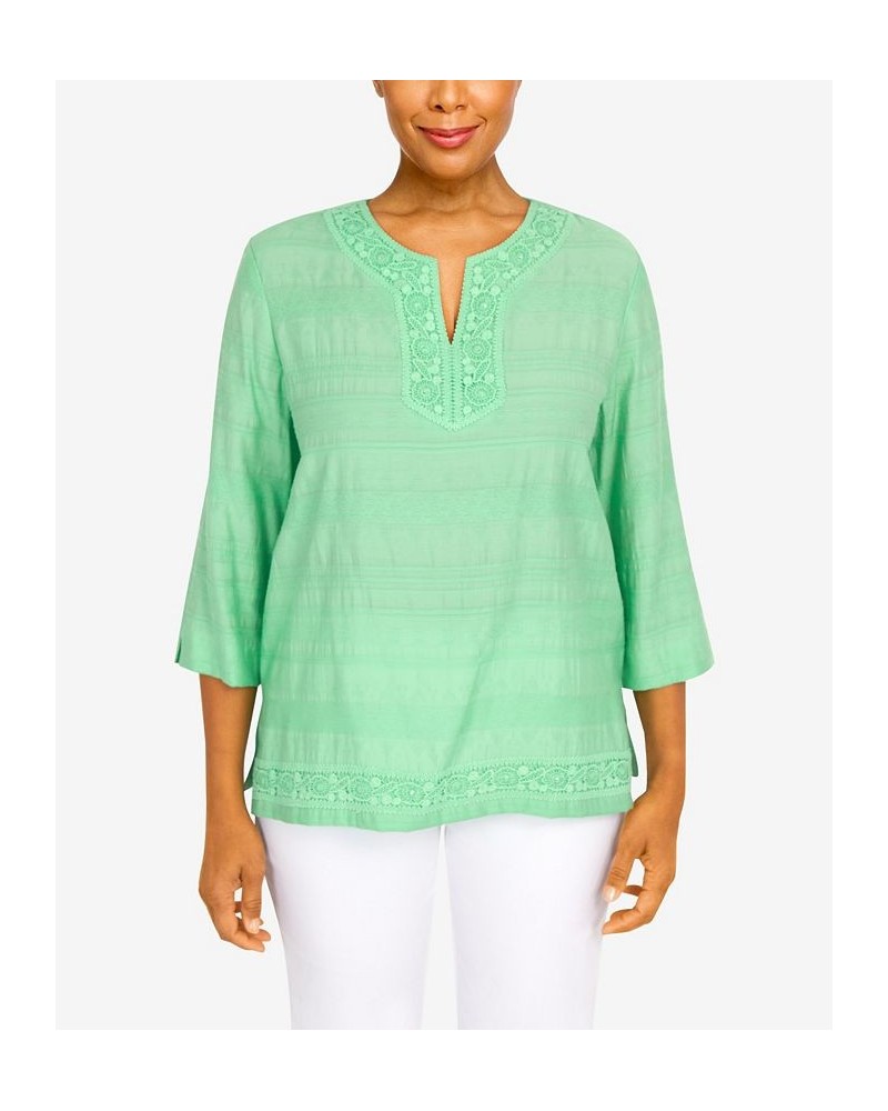 Petite Lace Texture Split Neck Top Palm Green $32.04 Tops