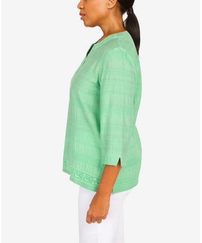 Petite Lace Texture Split Neck Top Palm Green $32.04 Tops