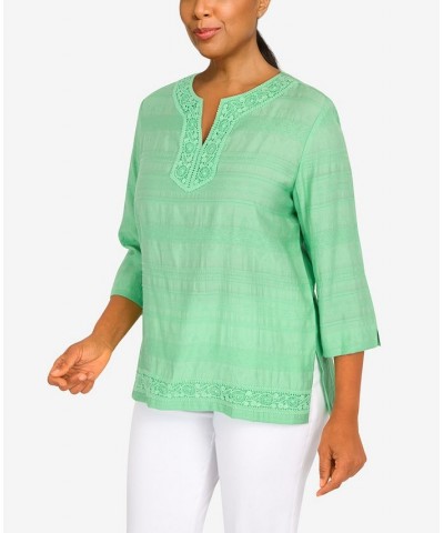 Petite Lace Texture Split Neck Top Palm Green $32.04 Tops