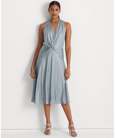 Women's Foil-Print Jersey Twist-Front Cocktail Dress Indigo Ocean Silver Foil $114.75 Dresses