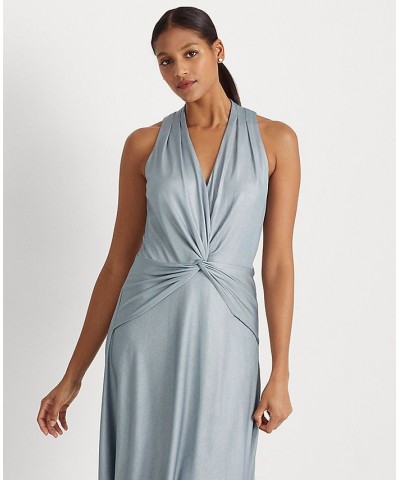 Women's Foil-Print Jersey Twist-Front Cocktail Dress Indigo Ocean Silver Foil $114.75 Dresses