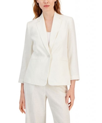 Women's Linen-Blend Notch-Lapel 3/4 Sleeve Button-Front Blazer White $51.48 Jackets
