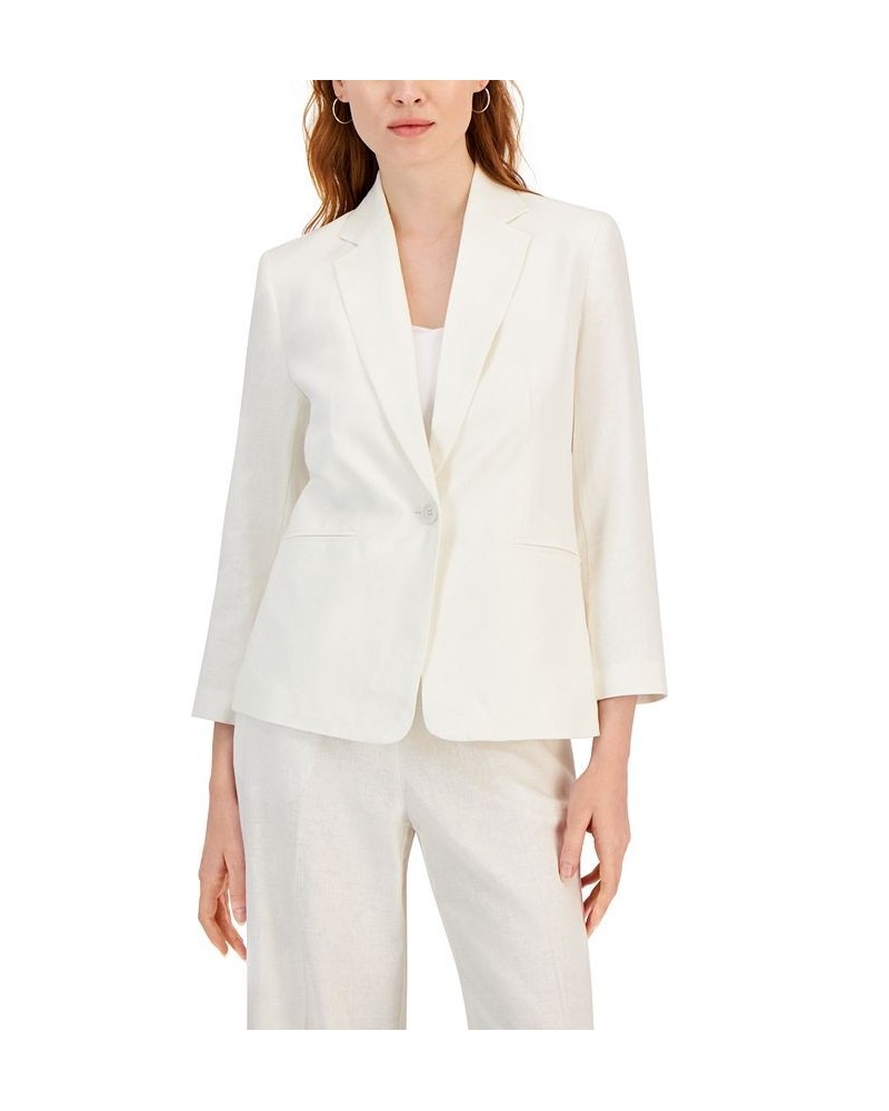 Women's Linen-Blend Notch-Lapel 3/4 Sleeve Button-Front Blazer White $51.48 Jackets