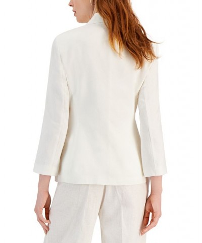 Women's Linen-Blend Notch-Lapel 3/4 Sleeve Button-Front Blazer White $51.48 Jackets