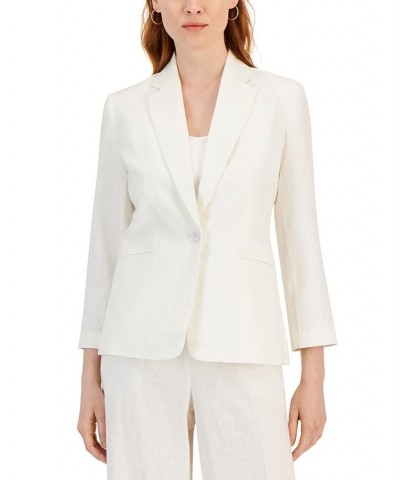 Women's Linen-Blend Notch-Lapel 3/4 Sleeve Button-Front Blazer White $51.48 Jackets