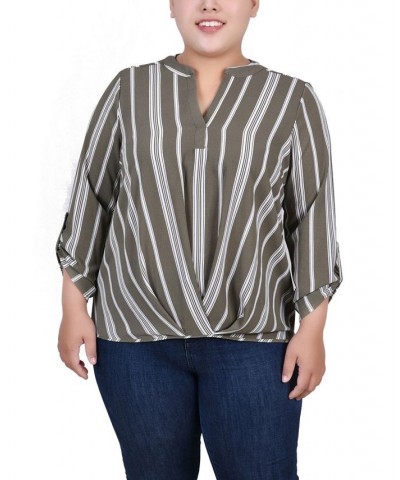 Plus Size 3/4 Sleeve Mandarin Collar Blouse with Front Pleats Dusty Olive Stripe $15.77 Tops