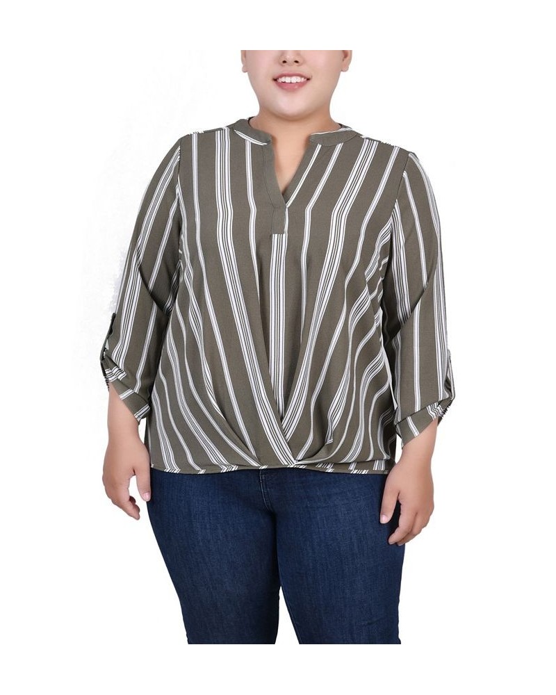 Plus Size 3/4 Sleeve Mandarin Collar Blouse with Front Pleats Dusty Olive Stripe $15.77 Tops