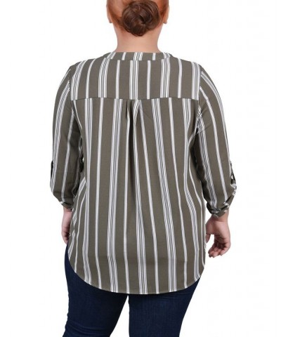 Plus Size 3/4 Sleeve Mandarin Collar Blouse with Front Pleats Dusty Olive Stripe $15.77 Tops