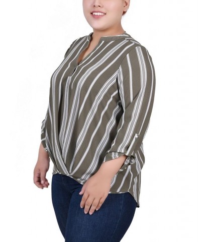 Plus Size 3/4 Sleeve Mandarin Collar Blouse with Front Pleats Dusty Olive Stripe $15.77 Tops