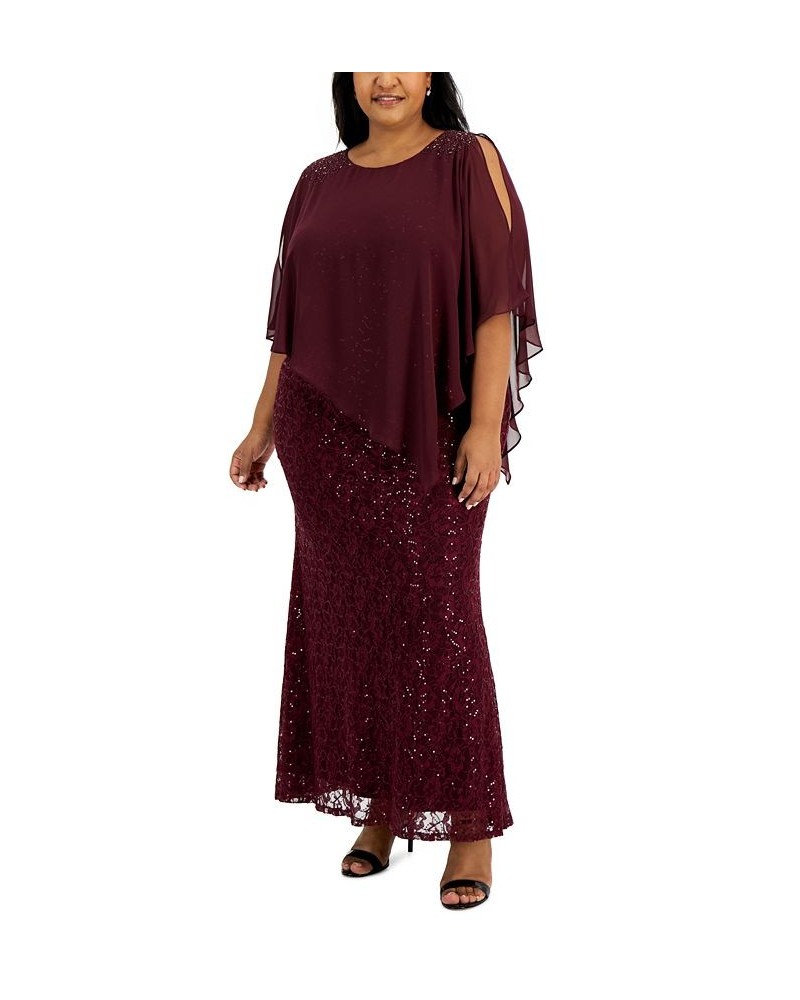 Plus Size Sequined Beaded-Overlay Lace Dress Fig $80.55 Dresses