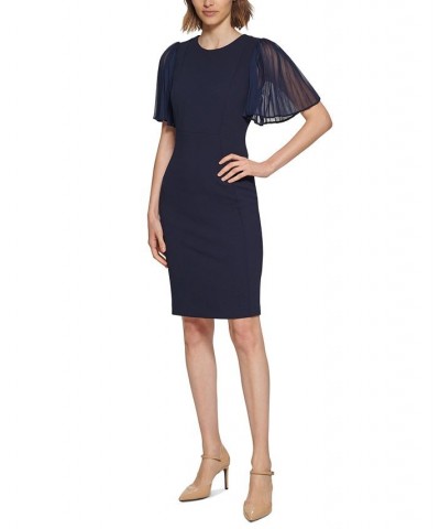 Women's Pleated Illusion-Sleeve Sheath Dress Indigo $39.99 Dresses