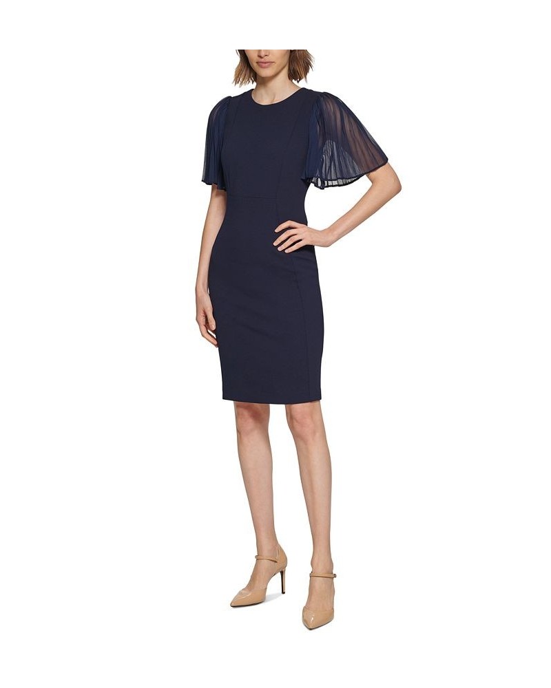 Women's Pleated Illusion-Sleeve Sheath Dress Indigo $39.99 Dresses