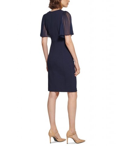 Women's Pleated Illusion-Sleeve Sheath Dress Indigo $39.99 Dresses