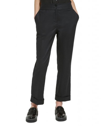 Petite Cuffed Linen Straight-Leg Ankle Pants Black $47.52 Pants