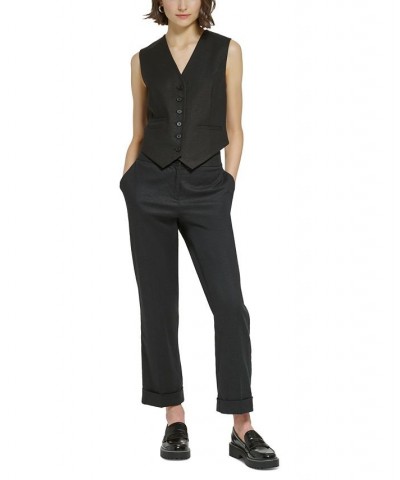 Petite Cuffed Linen Straight-Leg Ankle Pants Black $47.52 Pants