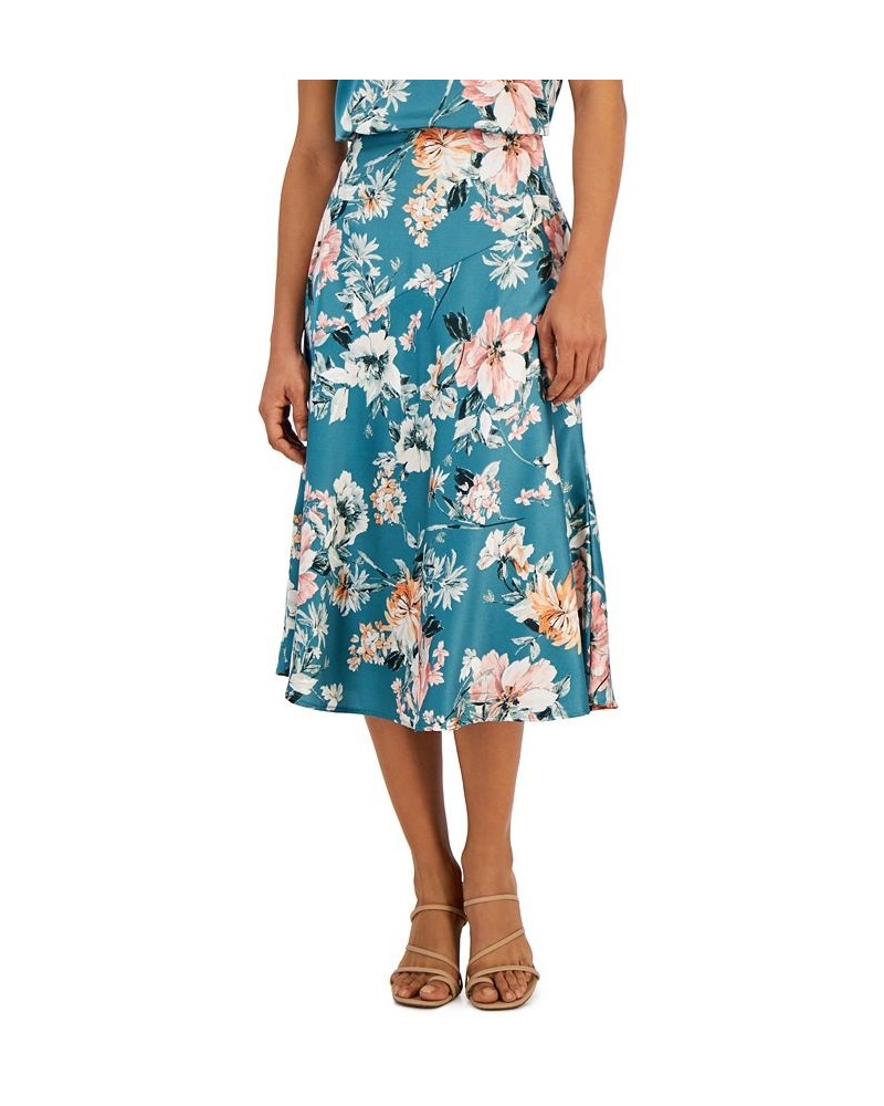 Women's Floral-Print Side-Zip Midi Skirt Deep Teal Floral $38.17 Skirts