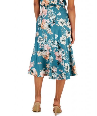 Women's Floral-Print Side-Zip Midi Skirt Deep Teal Floral $38.17 Skirts