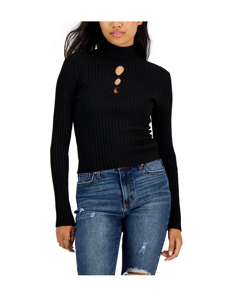 Juniors' Long Sleeve Mock Neck Cut-Out Top Black $12.89 Sweaters