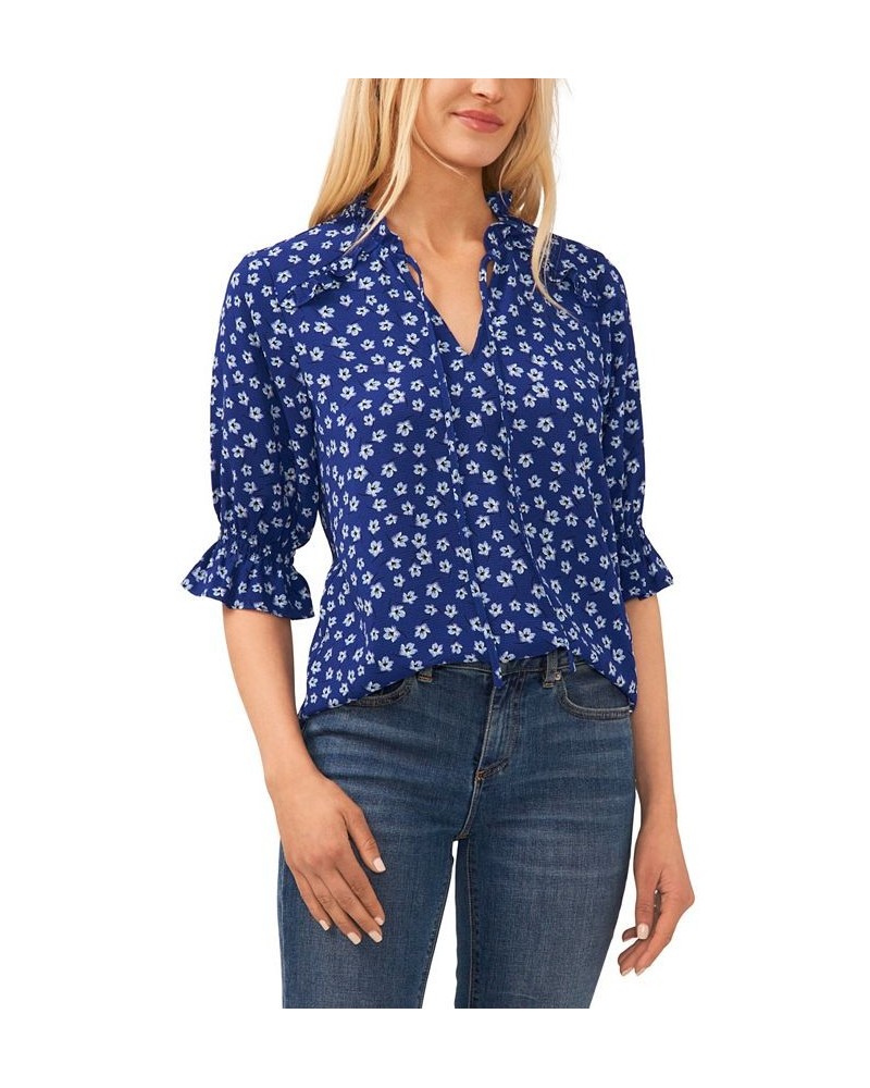 Women's Tie Neck Floral Blouse Blue $36.49 Tops