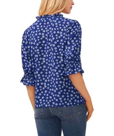 Women's Tie Neck Floral Blouse Blue $36.49 Tops