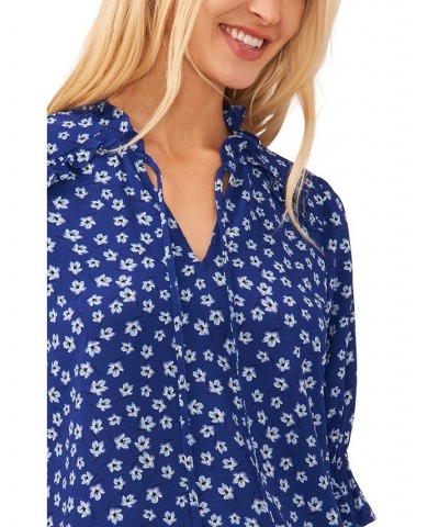 Women's Tie Neck Floral Blouse Blue $36.49 Tops