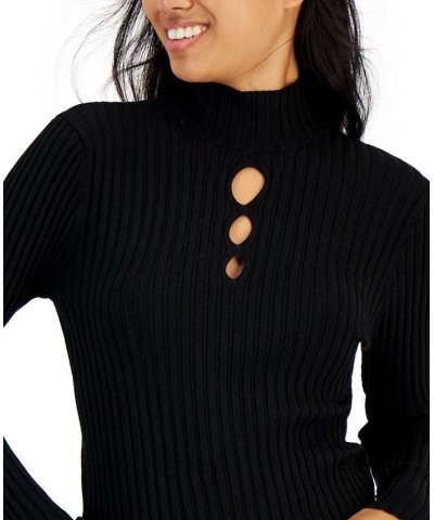 Juniors' Long Sleeve Mock Neck Cut-Out Top Black $12.89 Sweaters