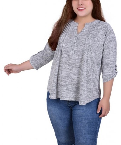 Plus Size 3/4 Roll Tab Sleeve Y Neck Top Heather Grey $16.06 Tops