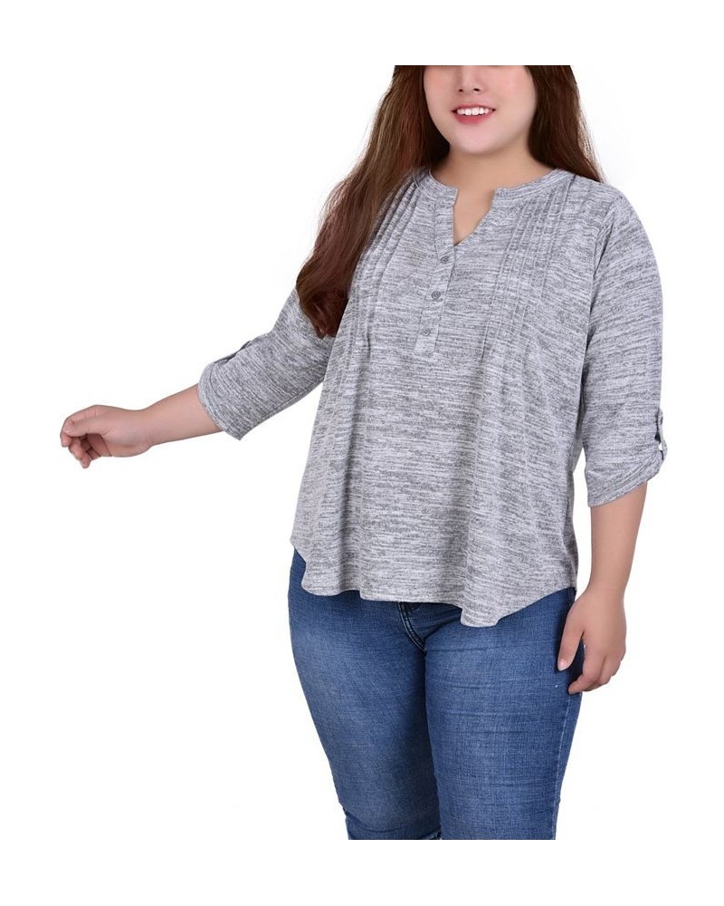 Plus Size 3/4 Roll Tab Sleeve Y Neck Top Heather Grey $16.06 Tops