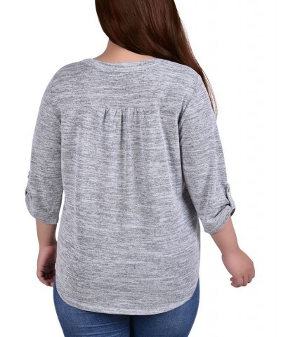 Plus Size 3/4 Roll Tab Sleeve Y Neck Top Heather Grey $16.06 Tops