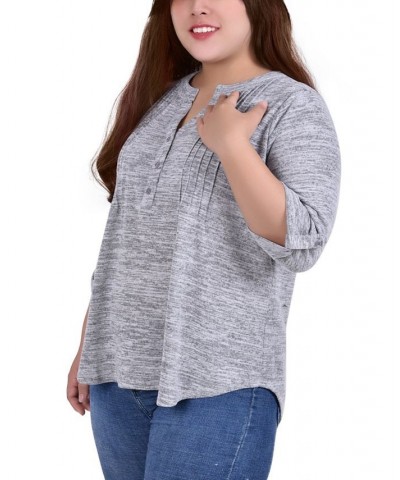 Plus Size 3/4 Roll Tab Sleeve Y Neck Top Heather Grey $16.06 Tops