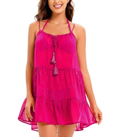 Women's Moonshadow Metallic Tiered Crinkled Swim Dress Cover-Up Pink $36.08 Swimsuits