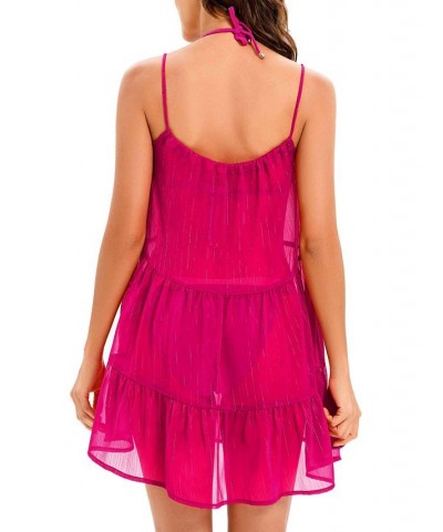 Women's Moonshadow Metallic Tiered Crinkled Swim Dress Cover-Up Pink $36.08 Swimsuits