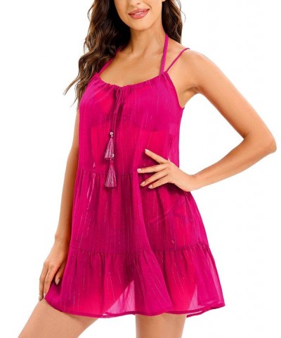 Women's Moonshadow Metallic Tiered Crinkled Swim Dress Cover-Up Pink $36.08 Swimsuits