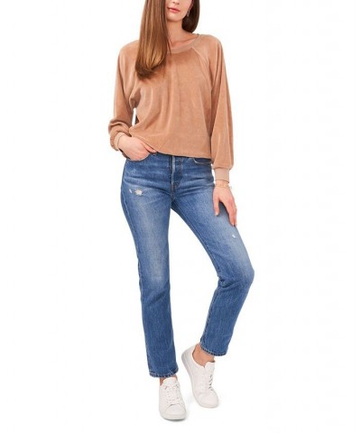 Women's Long Sleeve Raglan Crewneck Pullover Top Brown $23.13 Tops