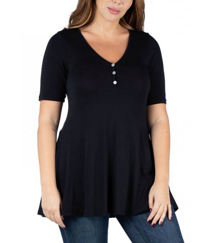 Plus Size Elbow Sleeve Henley Tunic Top Black $32.56 Tops