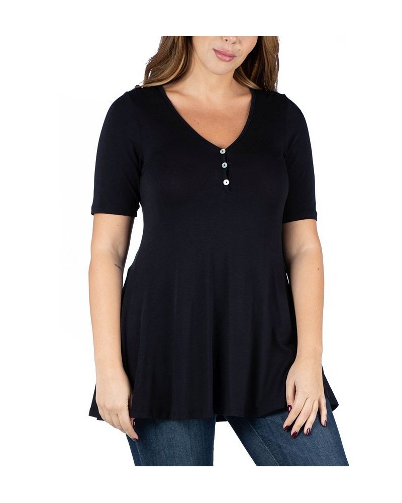 Plus Size Elbow Sleeve Henley Tunic Top Black $32.56 Tops