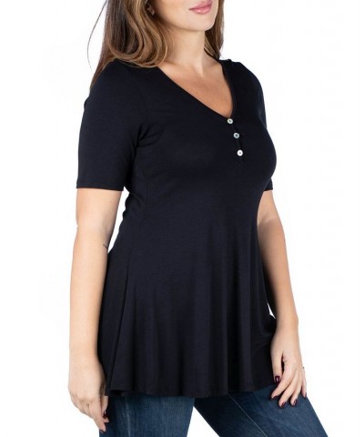 Plus Size Elbow Sleeve Henley Tunic Top Black $32.56 Tops