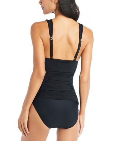 Women's Solid Plunge V-Neck One-Piece Swimsuit Black $62.58 Swimsuits