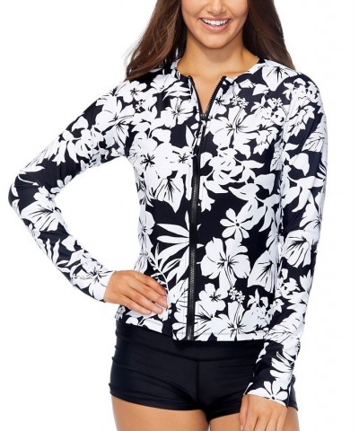 Juniors' Floral Long-Sleeve Zip-Front Rash Guard Black/White $31.00 Swimsuits