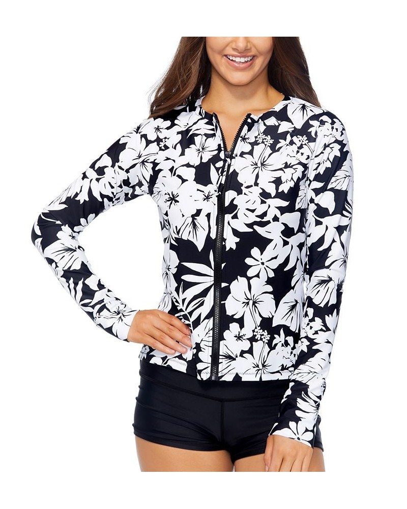 Juniors' Floral Long-Sleeve Zip-Front Rash Guard Black/White $31.00 Swimsuits