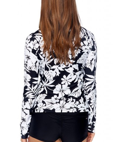 Juniors' Floral Long-Sleeve Zip-Front Rash Guard Black/White $31.00 Swimsuits