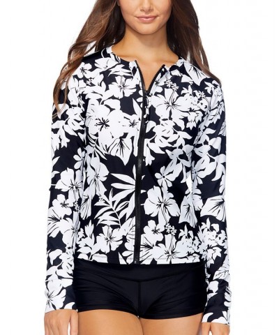 Juniors' Floral Long-Sleeve Zip-Front Rash Guard Black/White $31.00 Swimsuits