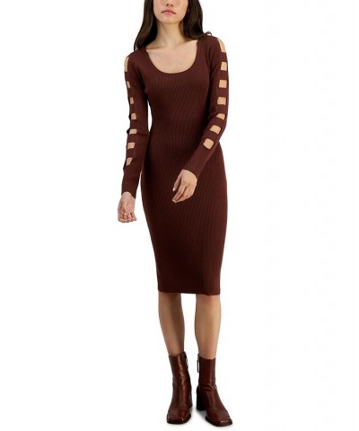Juniors' Scoop-Neck Lattice-Sleeve Ribbed Dress Brown $11.86 Dresses