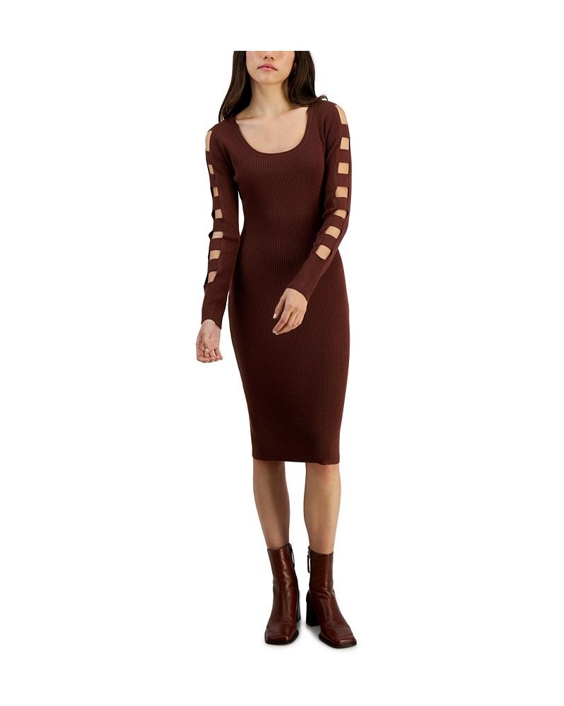 Juniors' Scoop-Neck Lattice-Sleeve Ribbed Dress Brown $11.86 Dresses