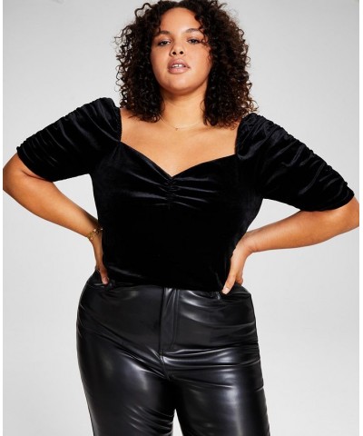 Trendy Plus Size Puff-Sleeve Velvet Top Black $12.69 Tops