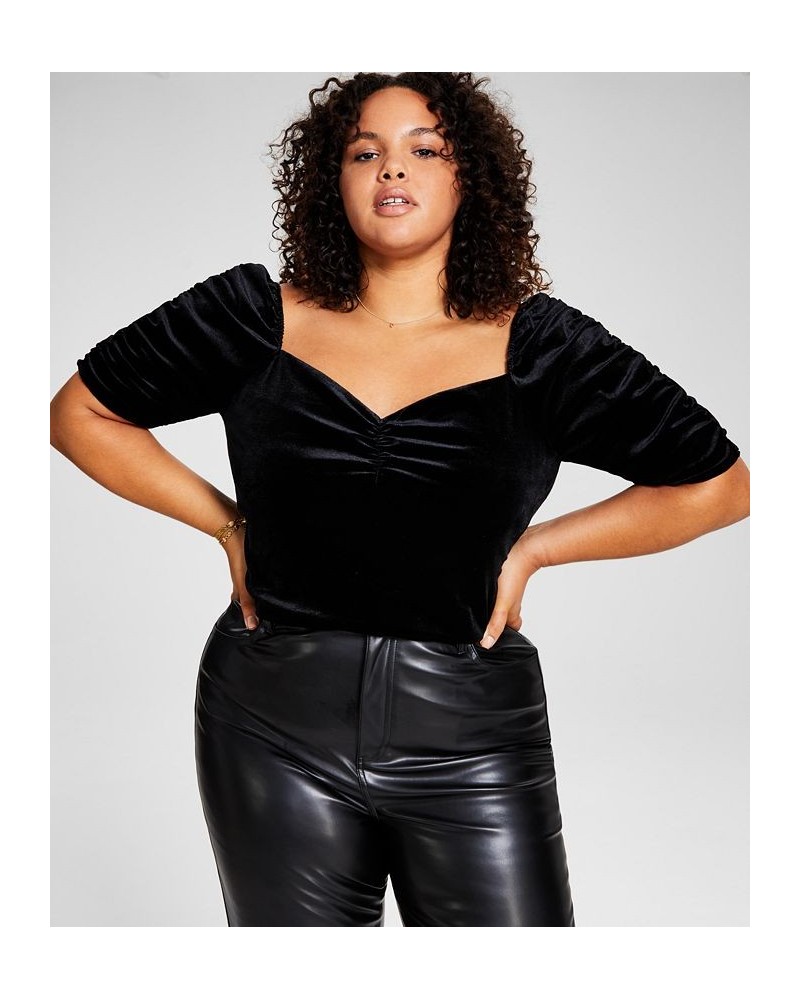 Trendy Plus Size Puff-Sleeve Velvet Top Black $12.69 Tops